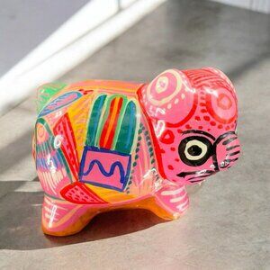 Hand Painted Mexico Pottery RedWare Pig Piggy Figurine Decor Pink Multicolor VTG